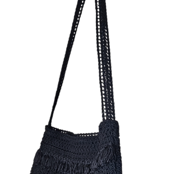 Vintage Black Macrame Purse Handmade Fringe Architectural Bag Boho Chic - Picture 3 of 11